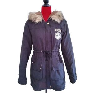 Z & I Women's Black Hooded Parka Faux Fur Trim Patches Cinch Waist Size M
